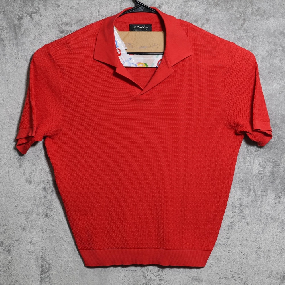 St Croix Shop Polo Shirt Mens XL Red Knit Stretch Johnny Collar Preppy USA Made